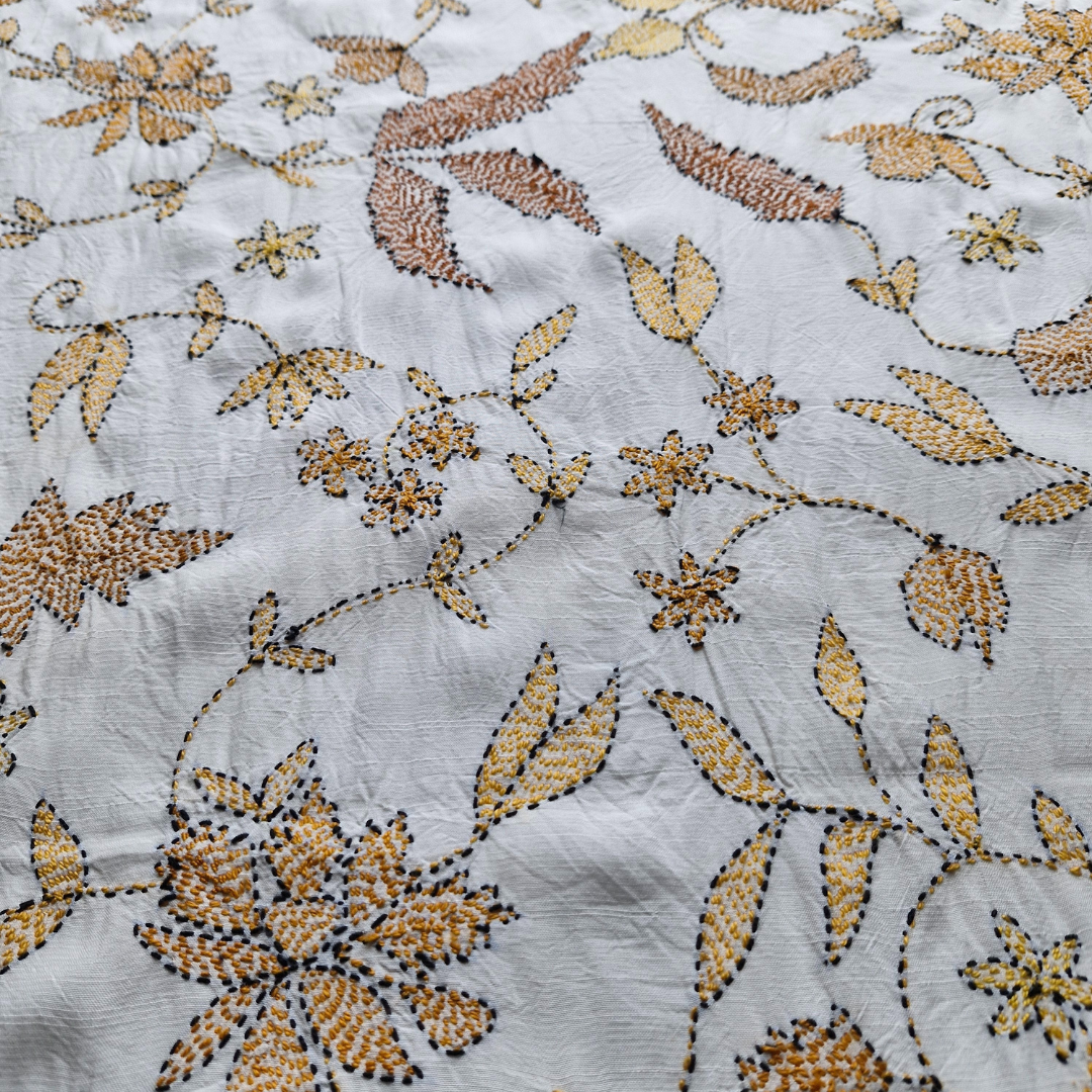 albaas | Kantha Work on Grip Silk Shirt's Front and Sleeves with Plain Trousers-Unstitched 2PC Suit | AGSKWST-36702-C-WHITE