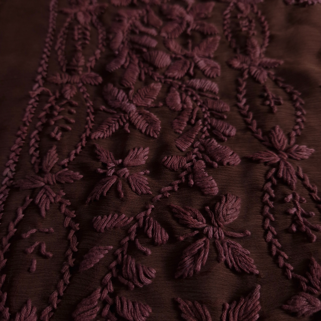 albaas | Lucknavi Chikankari on Soft Chiffon Shirt's Front and Sleeves with Dupatta Sprayed with Motifs - Unstitched 2PC Suit | AKCLCSD-36701-CHOCOLATE