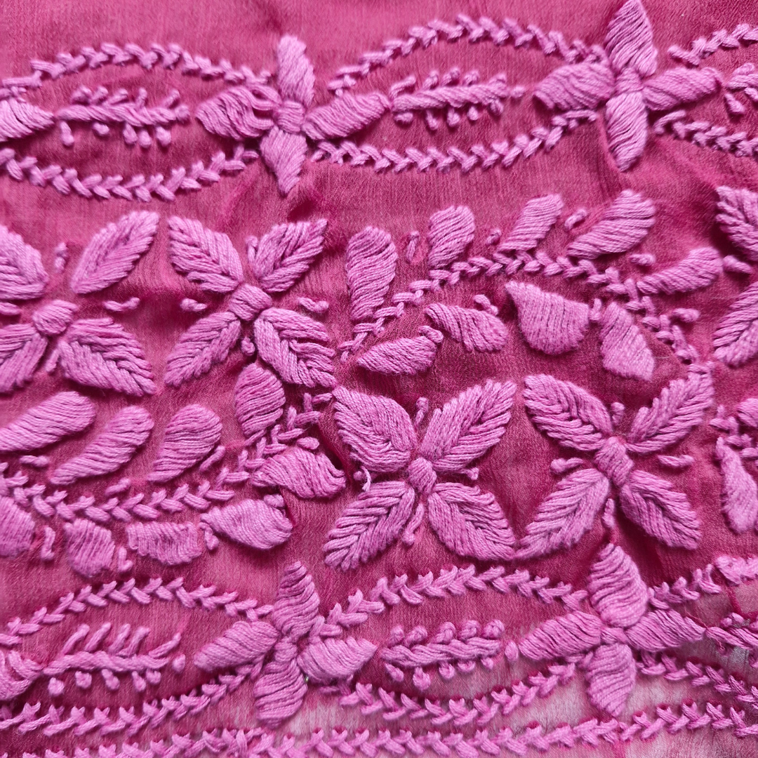 albaas | Lucknavi Chikankari on Soft Chiffon Shirt's Front and Sleeves with Dupatta Sprayed with Motifs - Unstitched 2PC Suit | AKCLCSD-36701-RED