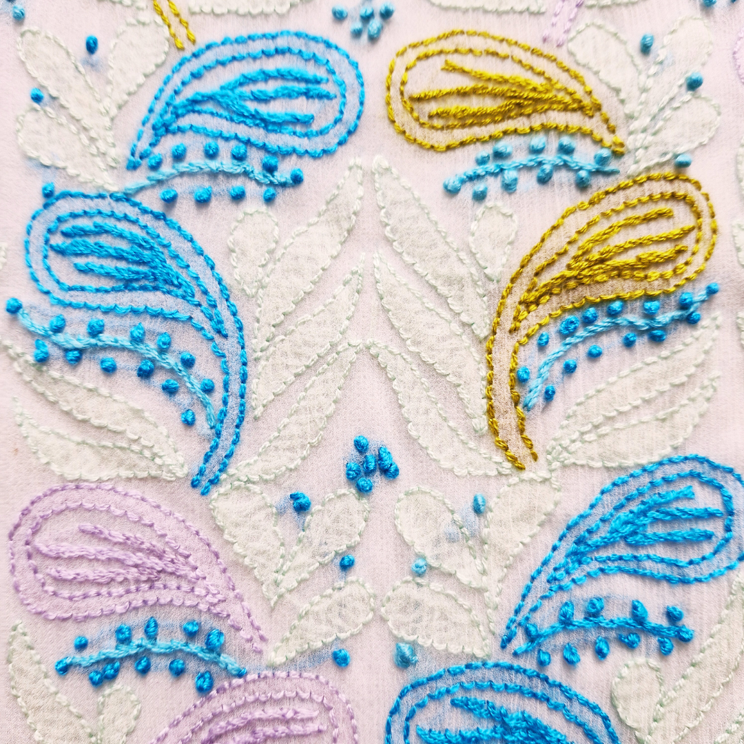 albaas | Shadow Chikankari on Soft Chiffon Shirt's Front and Sleeves with Dupatta Sprayed with Motifs - Unstitched 2PC Suit | AKCSSD-36550-B-TURQUOISE-O-WHITE