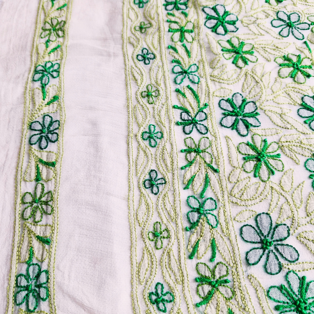 albaas | Shadow Chikankari on Soft Chiffon Shirt's Front and Sleeves with Dupatta Sprayed with Motifs - Unstitched 2PC Suit | AKCSSD-36550-D-GREENISH