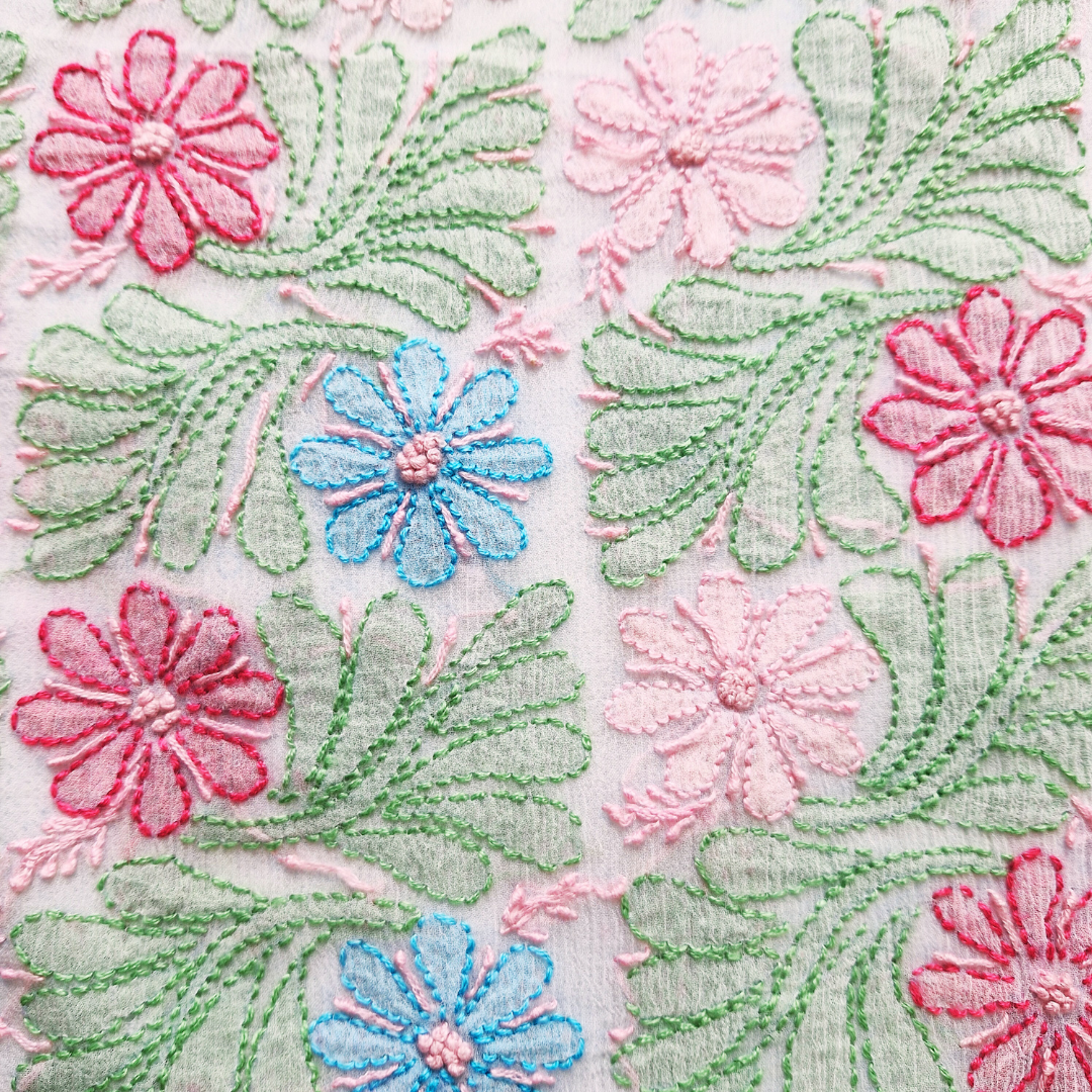 albaas | Shadow Chikankari on Soft Chiffon Shirt's Front and Sleeves with Dupatta Sprayed with Motifs - Unstitched 2PC Suit | AKCSSD-36550-F-GREENISH