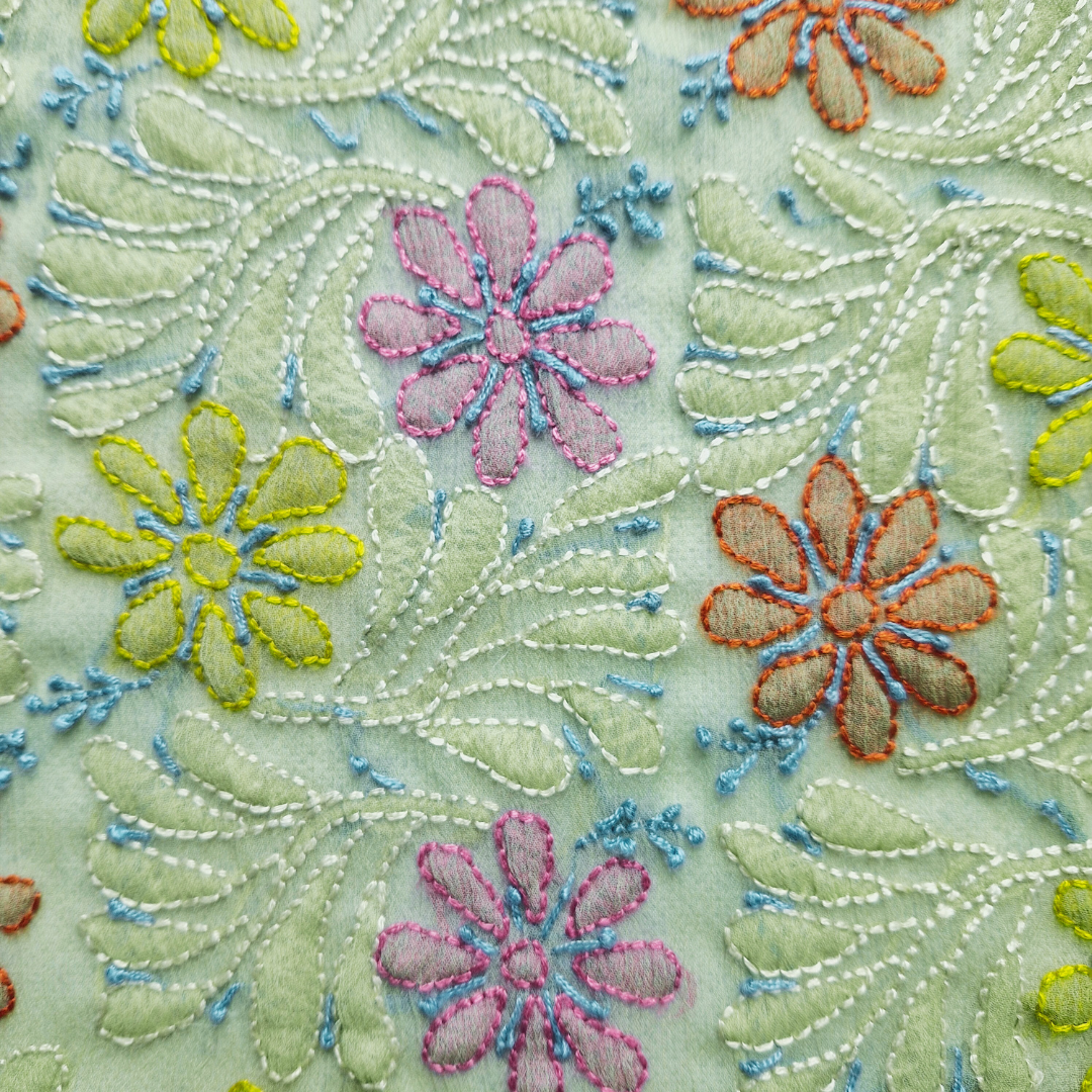 albaas | Shadow Chikankari on Soft Chiffon Shirt's Front and Sleeves with Dupatta Sprayed with Motifs - Unstitched 2PC Suit | AKCSSD-36550-F-PISTACHIO