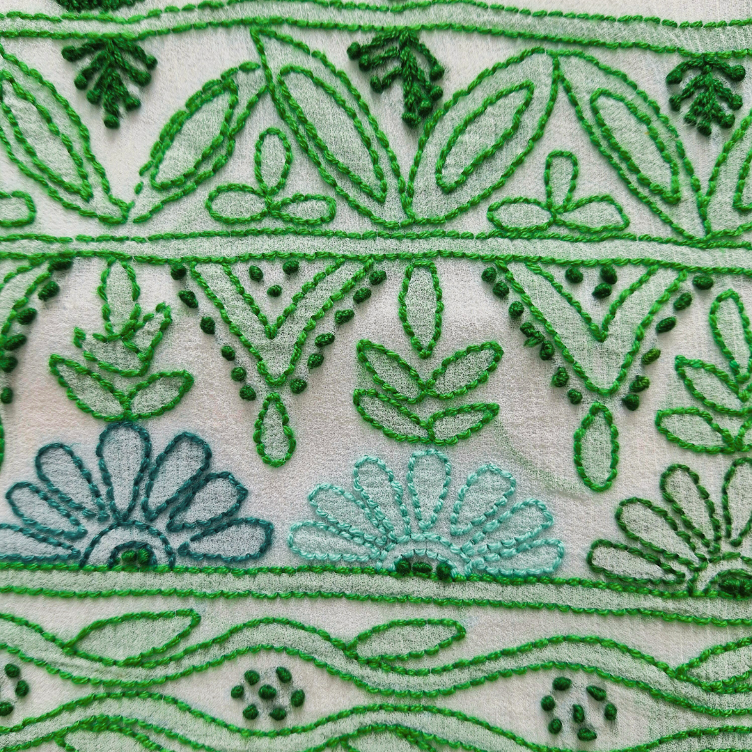 albaas | Shadow Chikankari on Soft Chiffon Shirt's Front and Sleeves with Dupatta Sprayed with Motifs - Unstitched 2PC Suit | AKCSSD-36550-G-SALAD GREEN