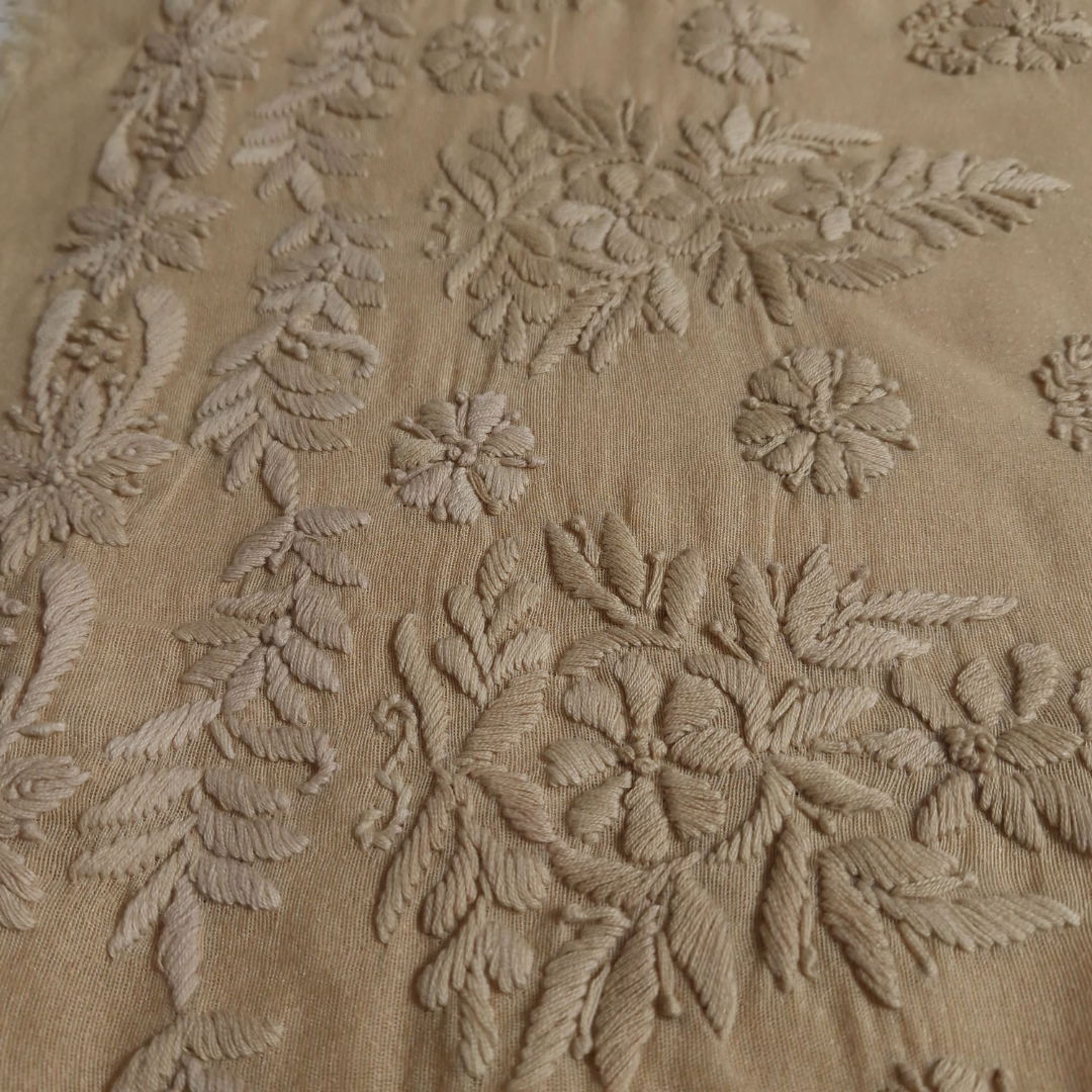 albaas | Lucknavi Chikankari on Karandi Lawn Shirt's Front and Sleeves with Dupatta Sprayed with Motifs - Unstitched 2PC Suit | AKLCSD-36703-GENTLE BEIGE