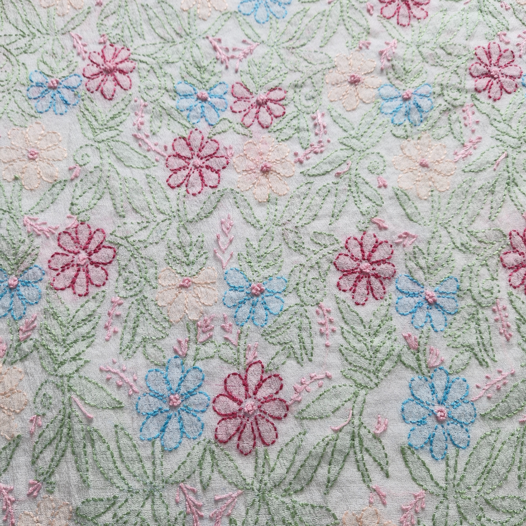 albaas | Shadow Chikankari on Khadi Net Shirt's Front and Sleeves with Dupatta Sprayed with Motifs - Unstitched 2PC Suit | AKNSSD-36550-D-GREENISH