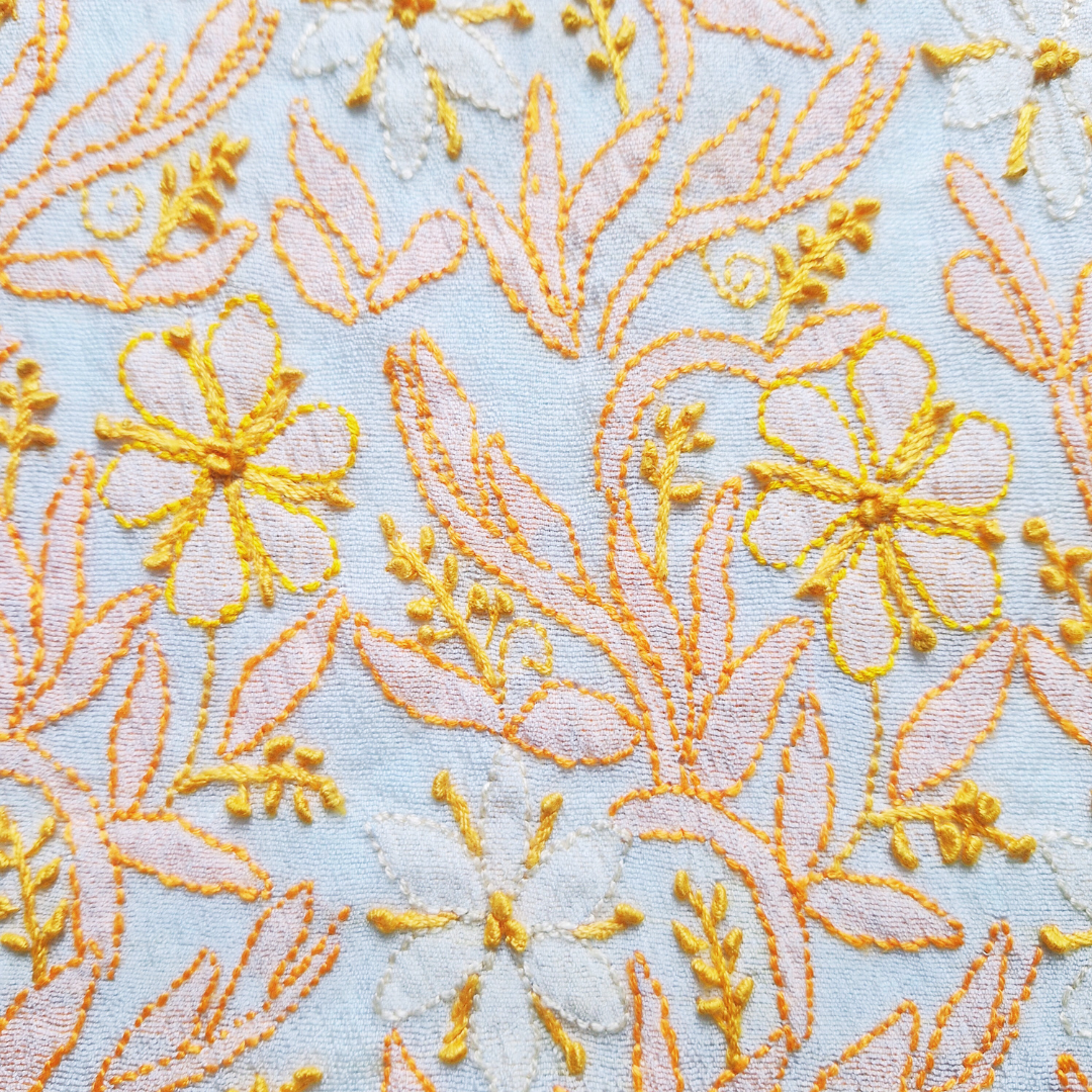 albaas | Shadow Chikankari on Khadi Net Shirt's Front and Sleeves with Dupatta Sprayed with Motifs - Unstitched 2PC Suit | AKNSSD-36550-E-ORANGE-O-WHITE