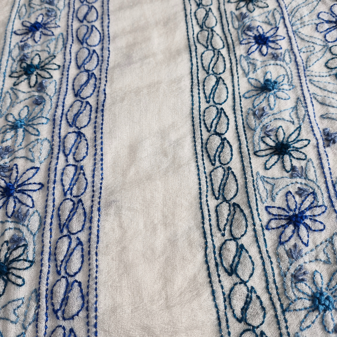 albaas | Shadow Chikankari on Khadi Net Shirt's Front and Sleeves with Dupatta Sprayed with Motifs - Unstitched 2PC Suit | AKNSSD-36550-H-BLUE-O-WHITE