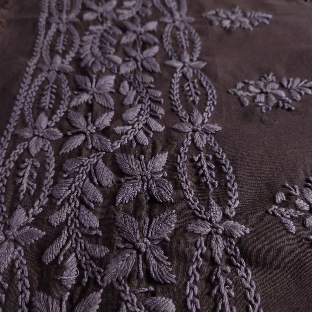 albaas | Lucknavi Chikankari on Karandi Lawn Shirt's Front and Sleeves with Dupatta Sprayed with Motifs - Unstitched 2PC Suit | AKLCSD-36701-DARK BROWN