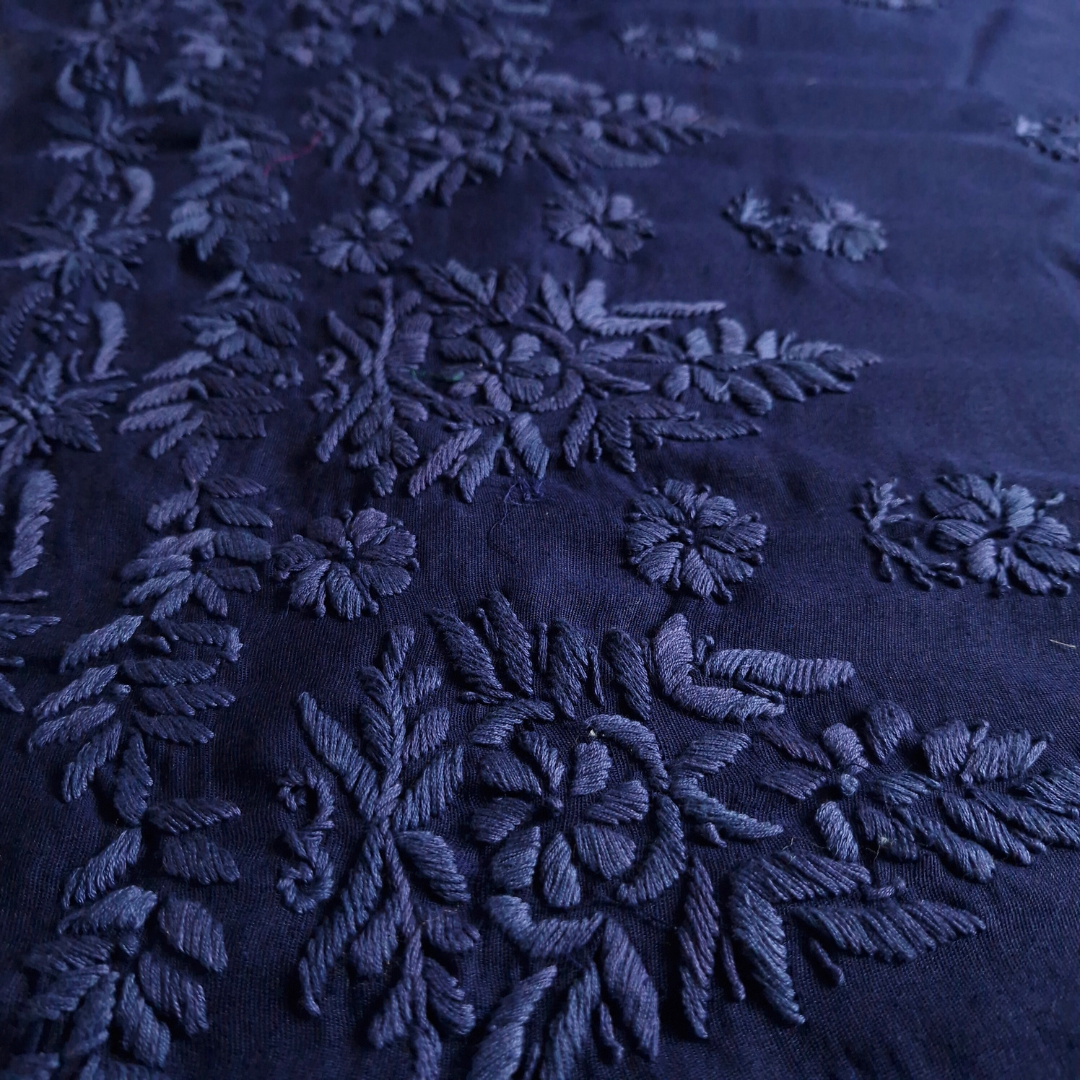 albaas | Lucknavi Chikankari on Karandi Lawn Shirt's Front and Sleeves with Dupatta Sprayed with Motifs - Unstitched 2PC Suit | AKTASD-36703-NAVY BLUE