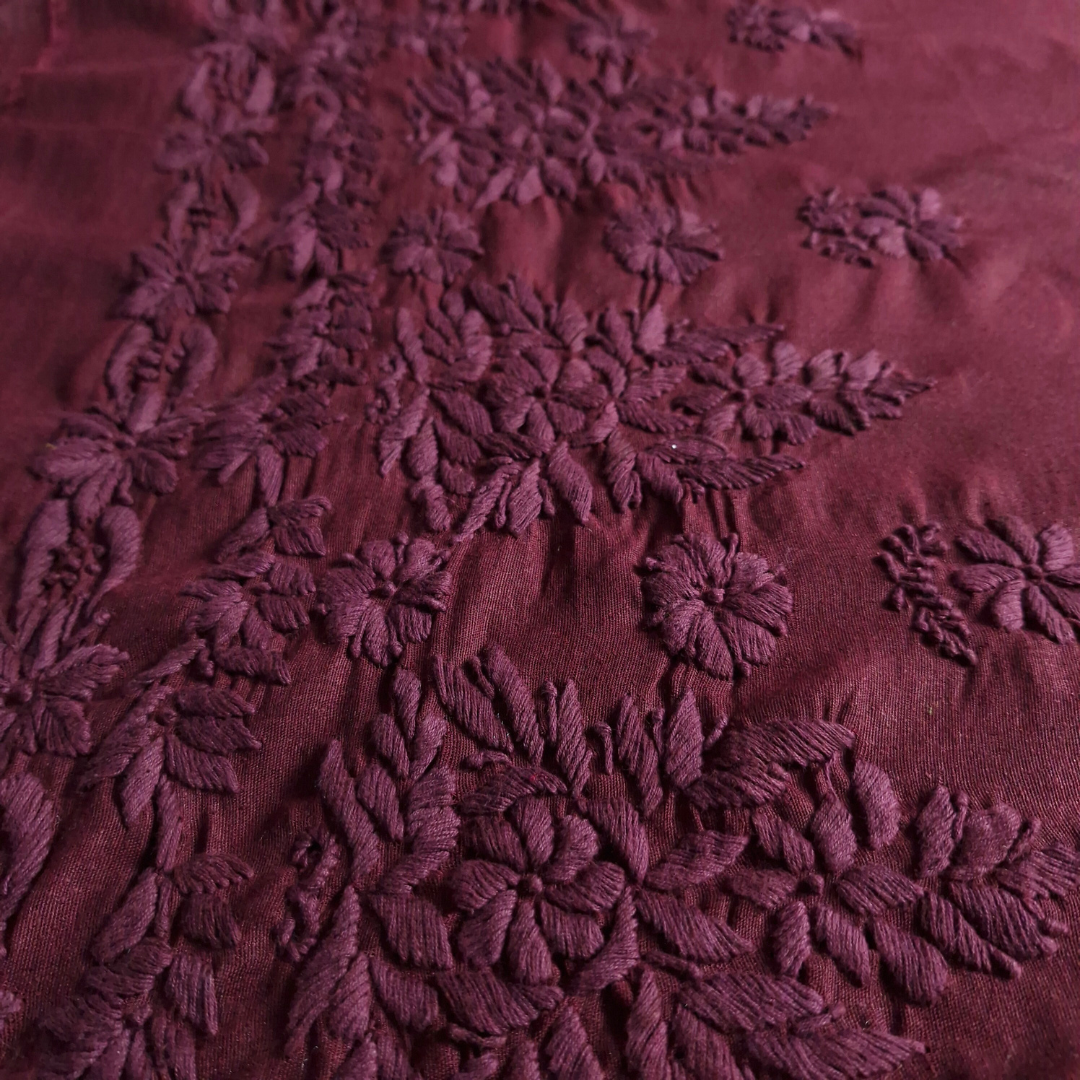 albaas | Lucknavi Chikankari on Karandi Lawn Shirt's Front and Sleeves with Dupatta Sprayed with Motifs - Unstitched 2PC Suit | AKTASD-36703-RED OXIDE