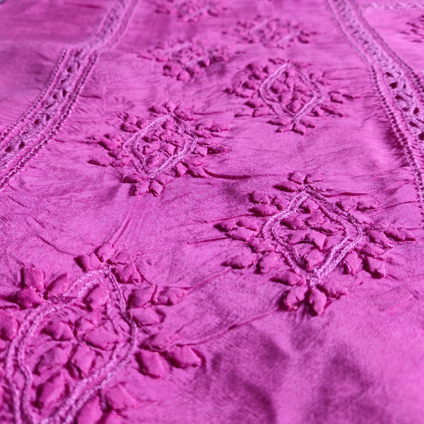 albaas | Tarkashi Applique on Raw Silk Shirt's Front and Sleeves with Matching Plain Trousers - Unstitched 2PC Suit | ARSTAST-36533-SHOCKING PINK