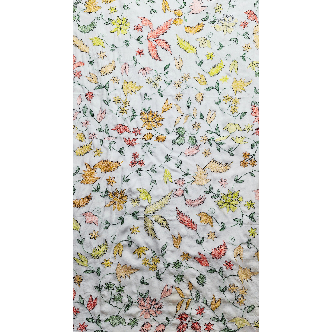 albaas | Kantha Work on Grip Silk Shirt's Front and Sleeves with Plain Trousers-Unstitched 2PC Suit   | AGSKWST-36702-A-WHITE