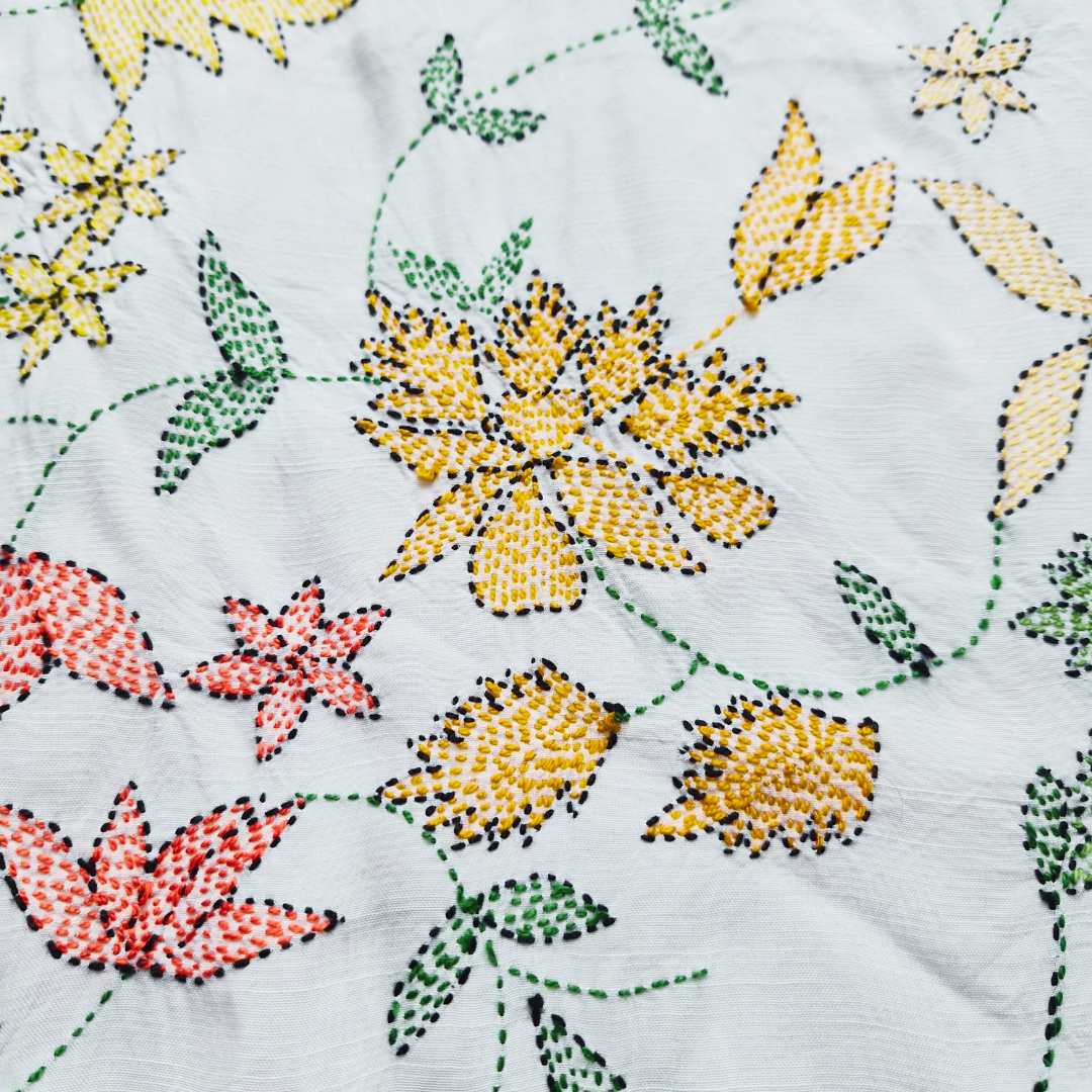 albaas | Kantha Work on Grip Silk Shirt's Front and Sleeves with Plain Trousers-Unstitched 2PC Suit   | AGSKWST-36702-A-WHITE