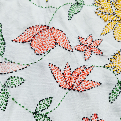 albaas | Kantha Work on Grip Silk Shirt's Front and Sleeves with Plain Trousers-Unstitched 2PC Suit   | AGSKWST-36702-A-WHITE