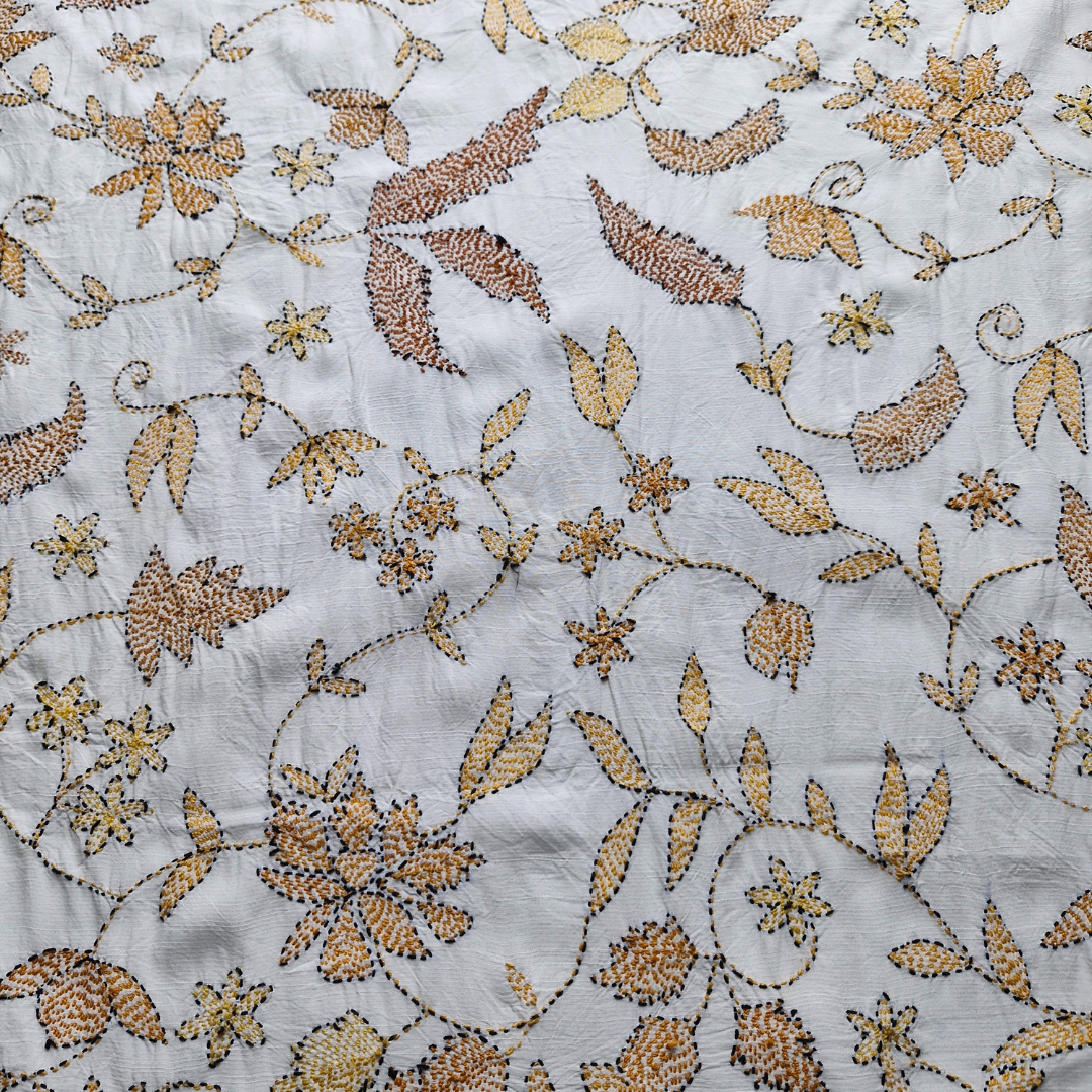 albaas | Kantha Work on Grip Silk Shirt's Front and Sleeves with Plain Trousers-Unstitched 2PC Suit   | AGSKWST-36702-C-WHITE