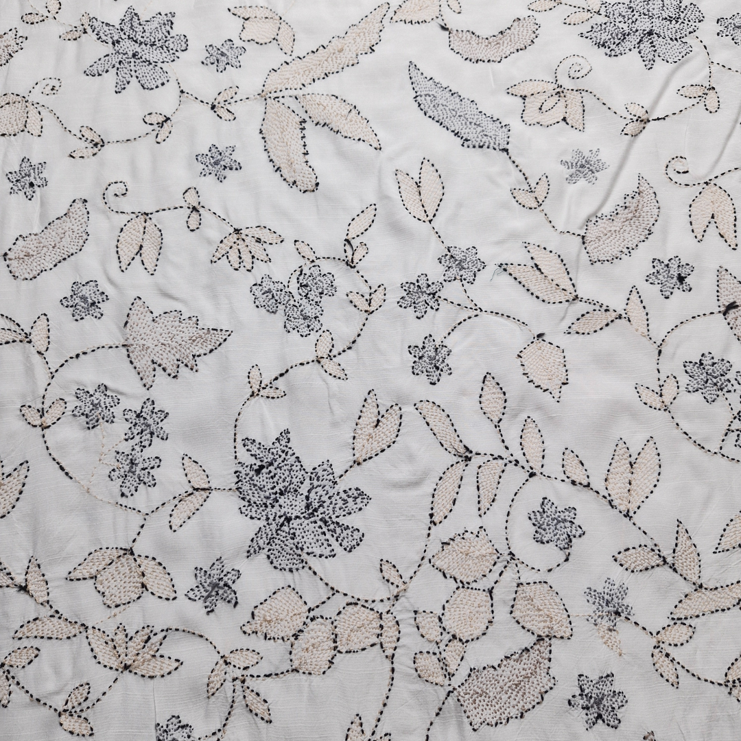 albaas | Kantha Work on Grip Silk Shirt's Front and Sleeves with Plain Trousers-Unstitched 2PC Suit   | AGSKWST-36702-D-WHITE-B