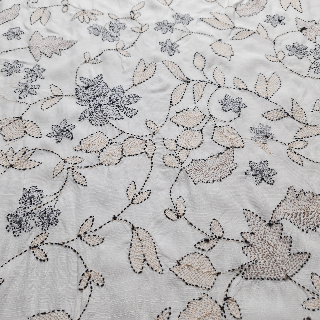 albaas | Kantha Work on Grip Silk Shirt's Front and Sleeves with Plain Trousers-Unstitched 2PC Suit   | AGSKWST-36702-D-WHITE-B