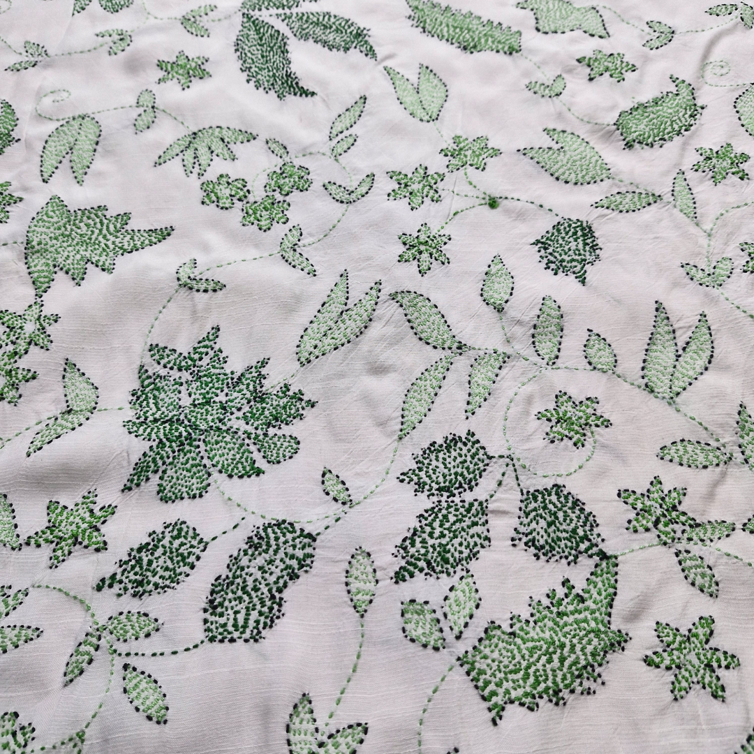 albaas | Kantha Work on Grip Silk Shirt's Front and Sleeves with Plain Trousers-Unstitched 2PC Suit   | AGSKWST-36702-F-WHITE-B