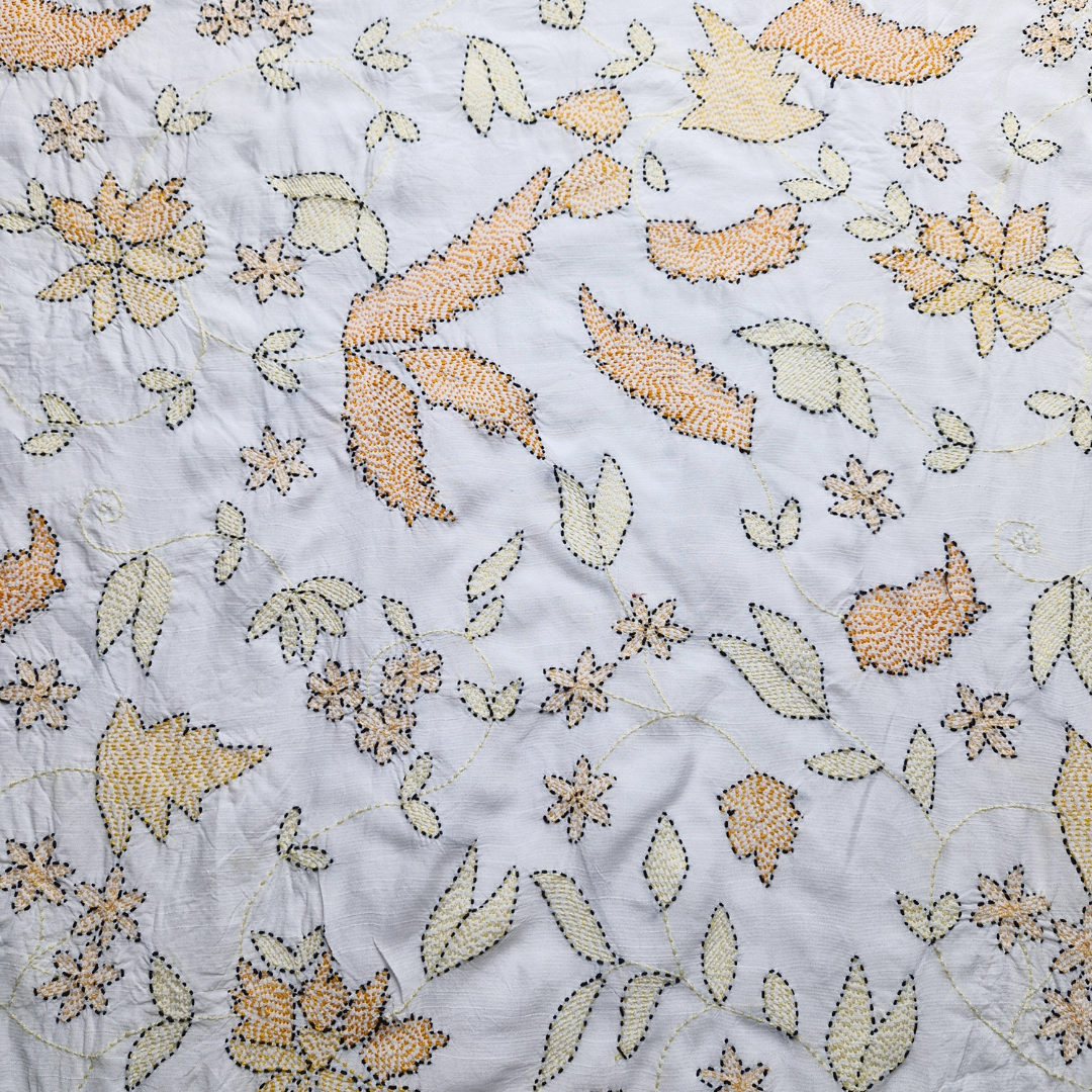 albaas | Kantha Work on Grip Silk Shirt's Front and Sleeves with Plain Trousers-Unstitched 2PC Suit   | AGSKWST-36702-H-WHITE-B