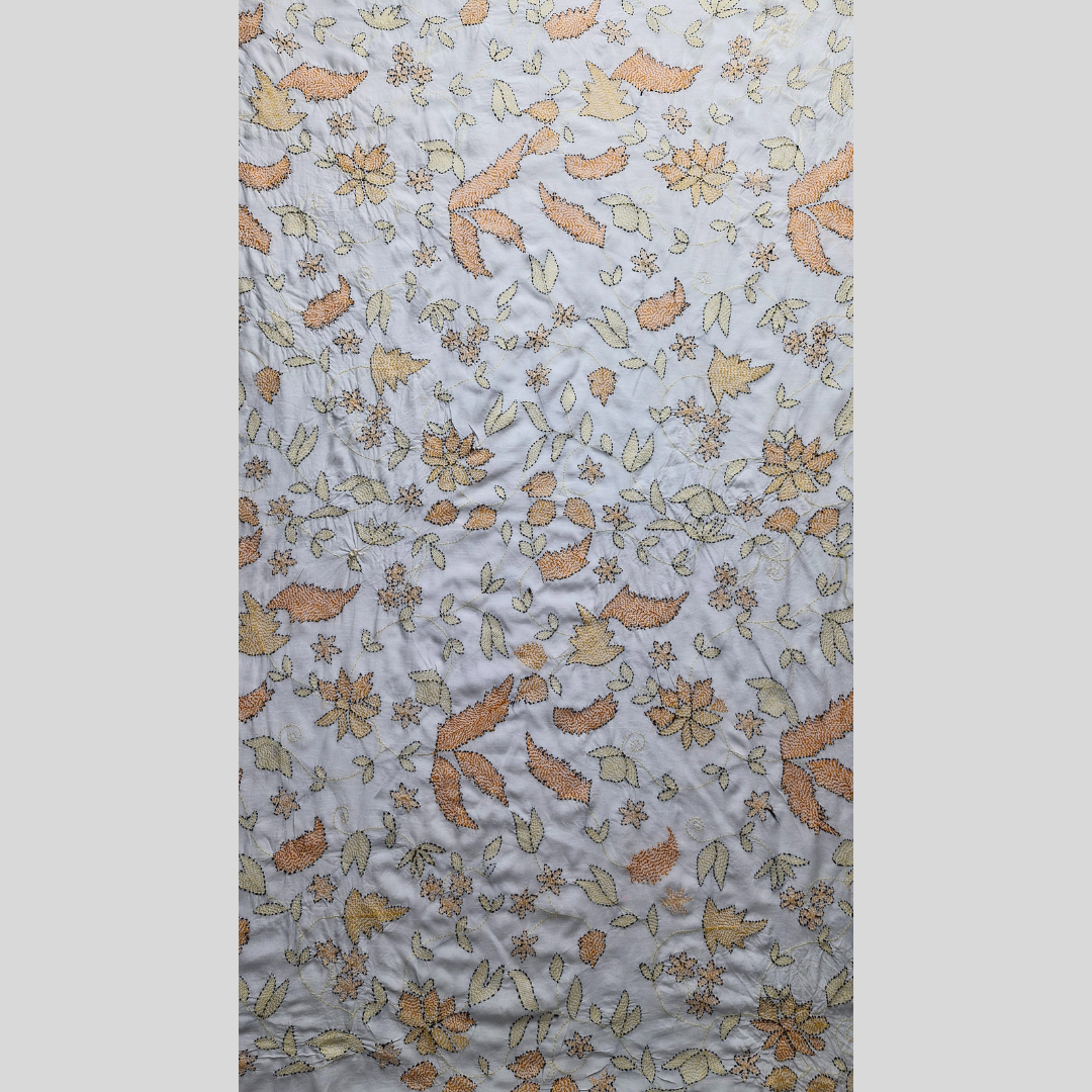 albaas | Kantha Work on Grip Silk Shirt's Front and Sleeves with Plain Trousers-Unstitched 2PC Suit   | AGSKWST-36702-H-WHITE-B