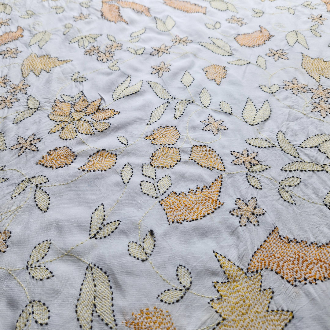 albaas | Kantha Work on Grip Silk Shirt's Front and Sleeves with Plain Trousers-Unstitched 2PC Suit   | AGSKWST-36702-H-WHITE-B