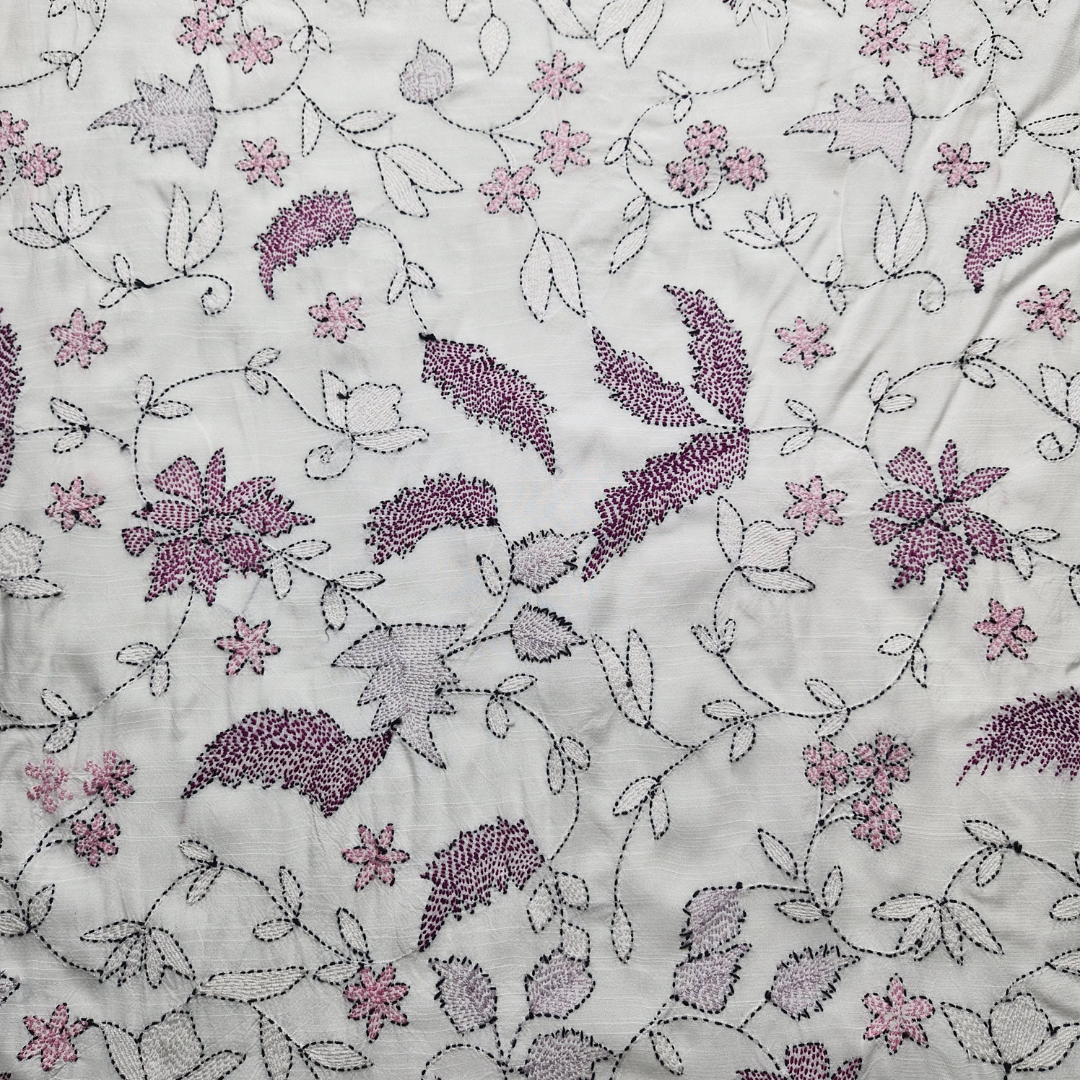 albaas | Kantha Work on Grip Silk Shirt's Front and Sleeves with Plain Trousers-Unstitched 2PC Suit   | AGSKWST-36702-J-WHITE-B