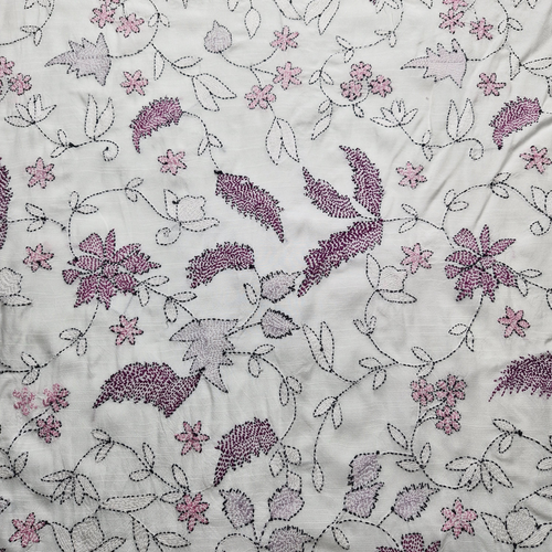 albaas | Kantha Work on Grip Silk Shirt's Front and Sleeves with Plain Trousers-Unstitched 2PC Suit   | AGSKWST-36702-J-WHITE-B