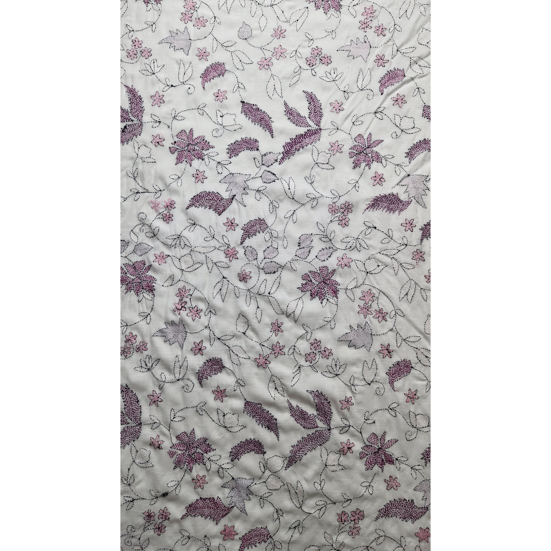 albaas | Kantha Work on Grip Silk Shirt's Front and Sleeves with Plain Trousers-Unstitched 2PC Suit   | AGSKWST-36702-J-WHITE-B