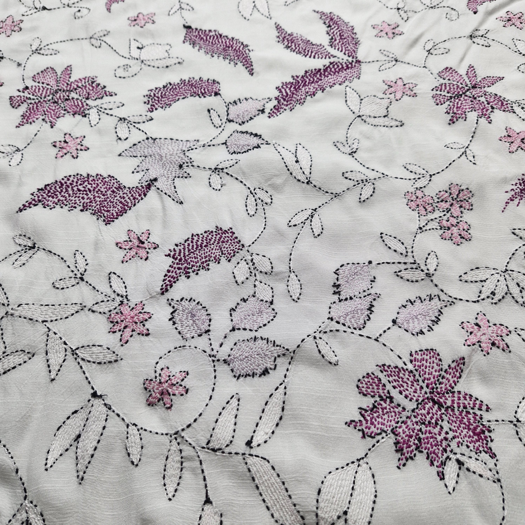 albaas | Kantha Work on Grip Silk Shirt's Front and Sleeves with Plain Trousers-Unstitched 2PC Suit   | AGSKWST-36702-J-WHITE-B