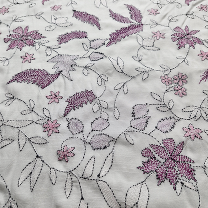 albaas | Kantha Work on Grip Silk Shirt's Front and Sleeves with Plain Trousers-Unstitched 2PC Suit   | AGSKWST-36702-J-WHITE-B