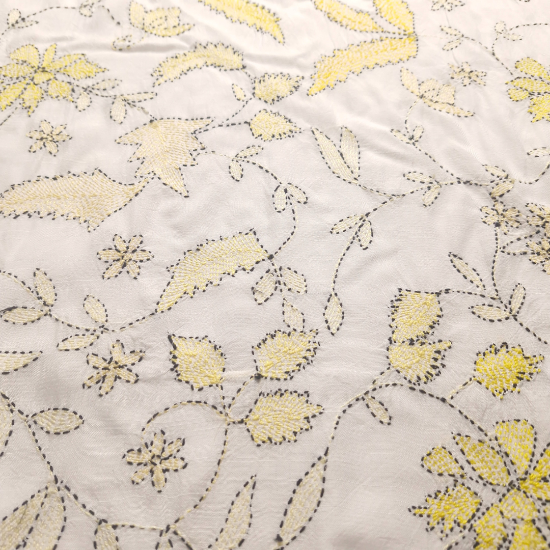 albaas | Kantha Work on Grip Silk Shirt's Front and Sleeves with Plain Trousers-Unstitched 2PC Suit   | AGSKWST-36702-L-WHITE