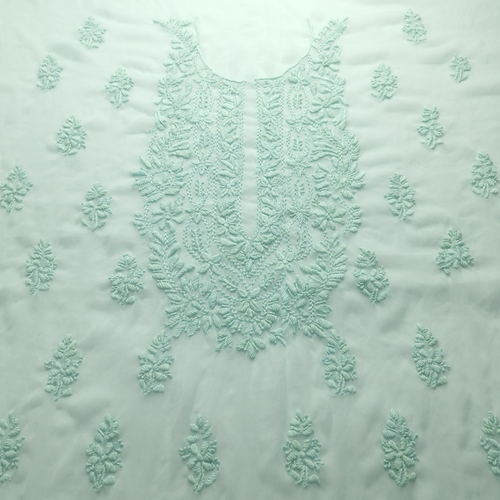 albaas | Lucknavi Chikankari on Soft Chiffon Shirt's Front and Sleeves with Dupatta Sprayed with Motifs - Unstitched 2PC Suit   | AKCLCSD-36701-AQUAMARINE