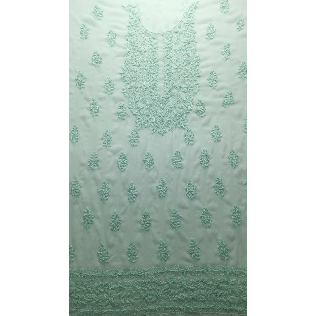 albaas | Lucknavi Chikankari on Soft Chiffon Shirt's Front and Sleeves with Dupatta Sprayed with Motifs - Unstitched 2PC Suit   | AKCLCSD-36701-AQUAMARINE