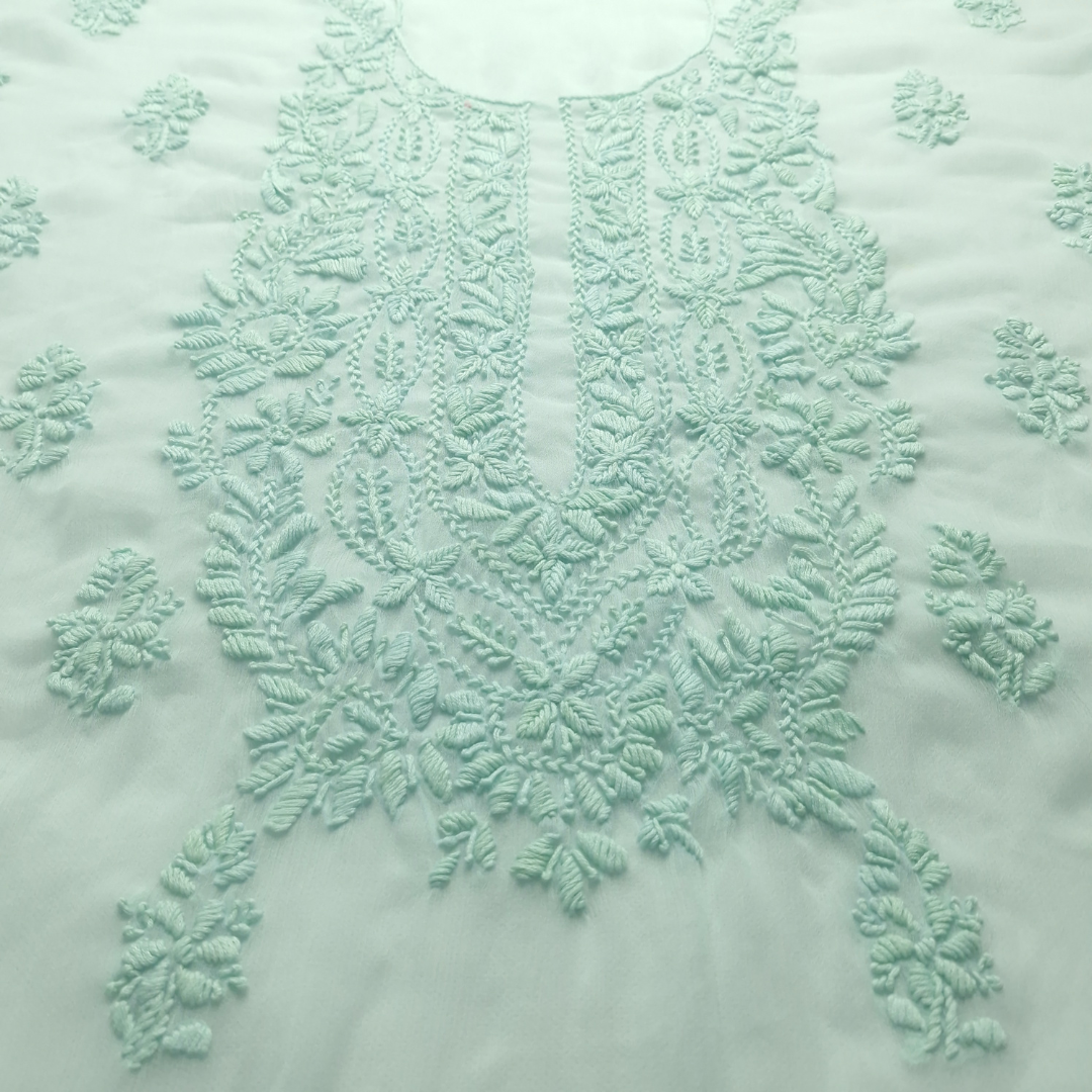albaas | Lucknavi Chikankari on Soft Chiffon Shirt's Front and Sleeves with Dupatta Sprayed with Motifs - Unstitched 2PC Suit   | AKCLCSD-36701-AQUAMARINE