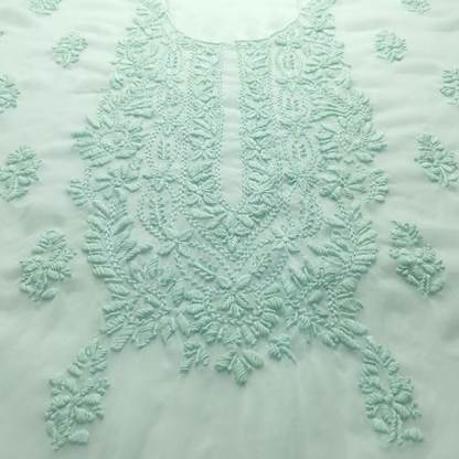 albaas | Lucknavi Chikankari on Soft Chiffon Shirt's Front and Sleeves with Dupatta Sprayed with Motifs - Unstitched 2PC Suit   | AKCLCSD-36701-AQUAMARINE