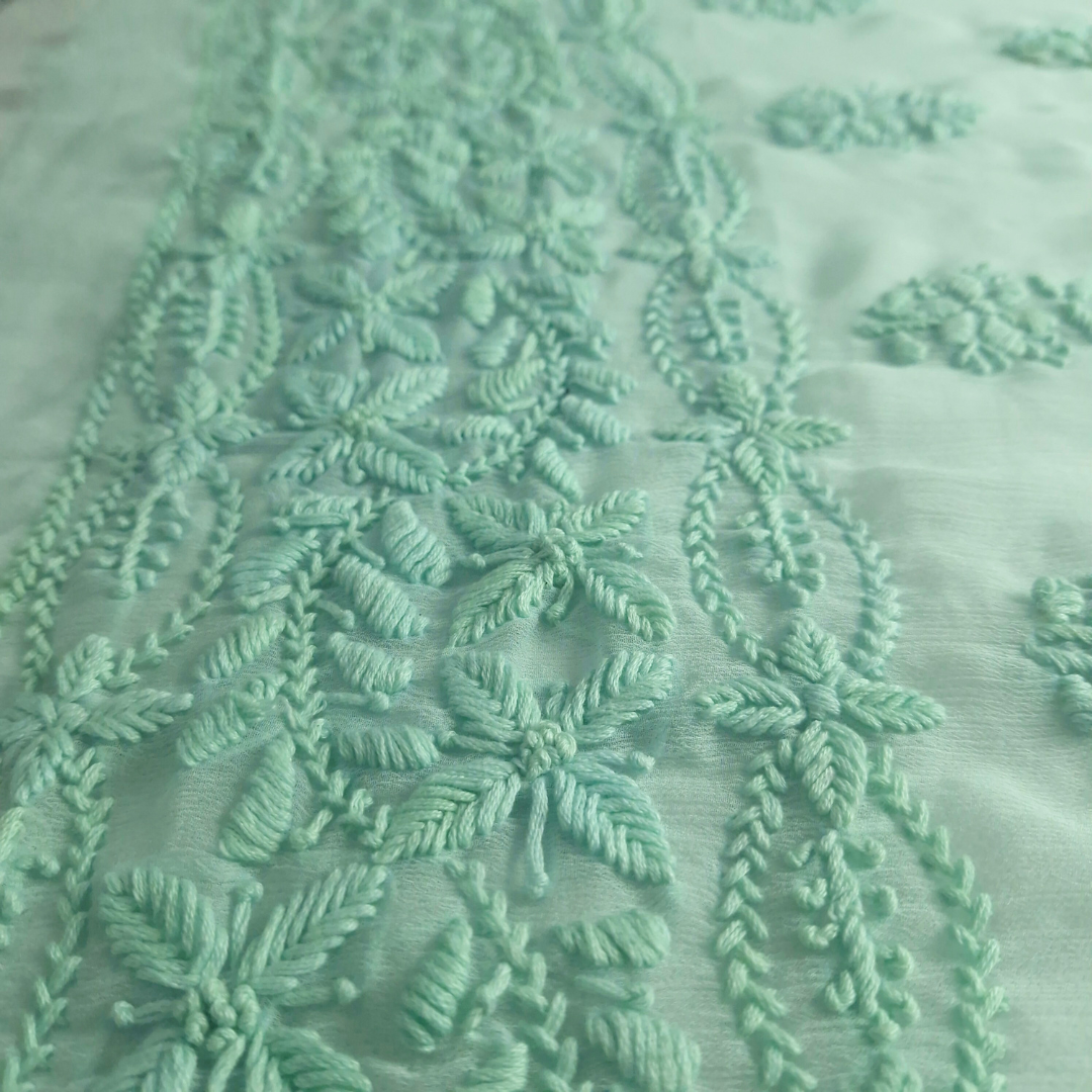 albaas | Lucknavi Chikankari on Soft Chiffon Shirt's Front and Sleeves with Dupatta Sprayed with Motifs - Unstitched 2PC Suit   | AKCLCSD-36701-AQUAMARINE