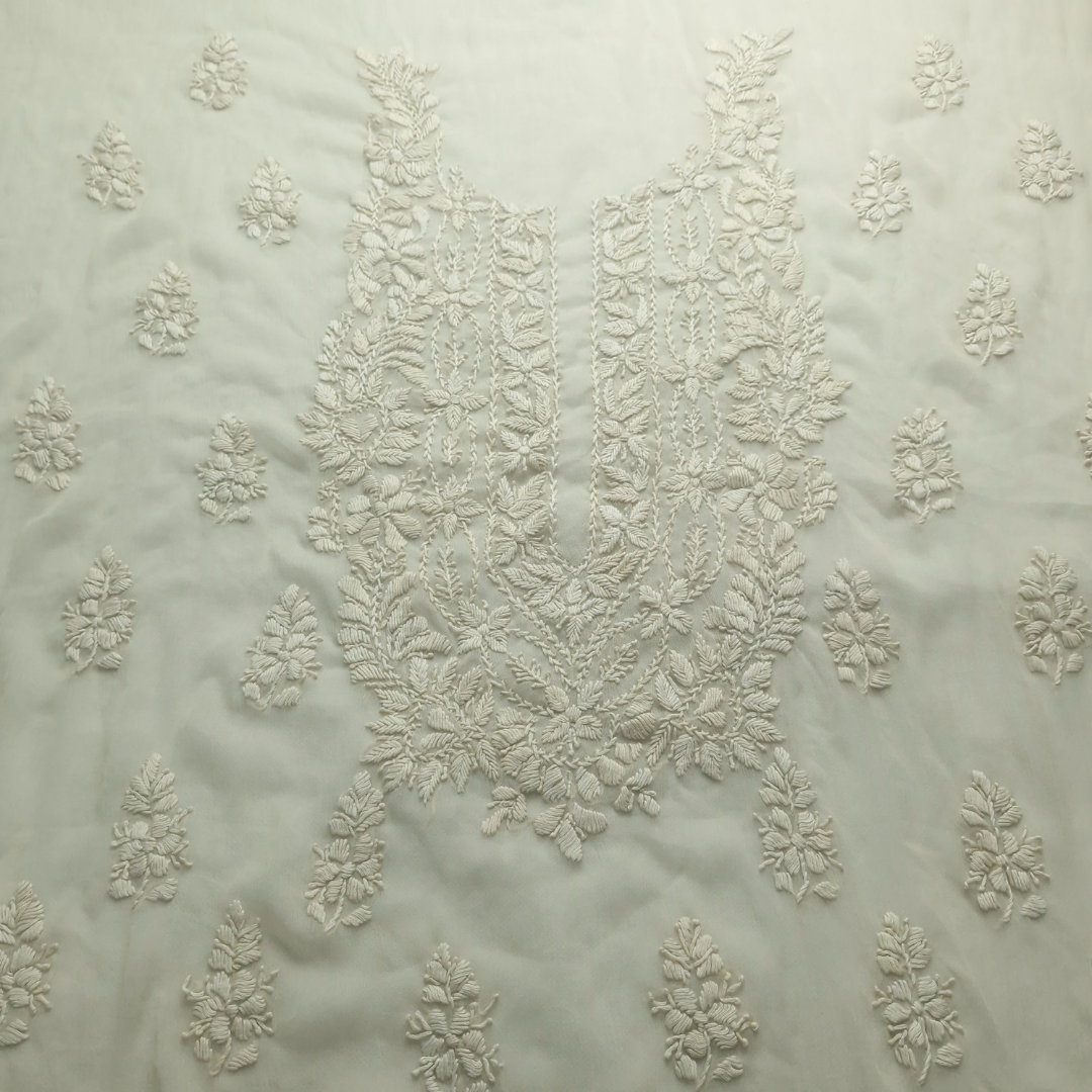 albaas | Lucknavi Chikankari on Soft Chiffon Shirt's Front and Sleeves with Dupatta Sprayed with Motifs - Unstitched 2PC Suit   | AKCLCSD-36701-BEIGE