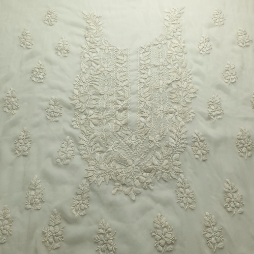 albaas | Lucknavi Chikankari on Soft Chiffon Shirt's Front and Sleeves with Dupatta Sprayed with Motifs - Unstitched 2PC Suit   | AKCLCSD-36701-BEIGE