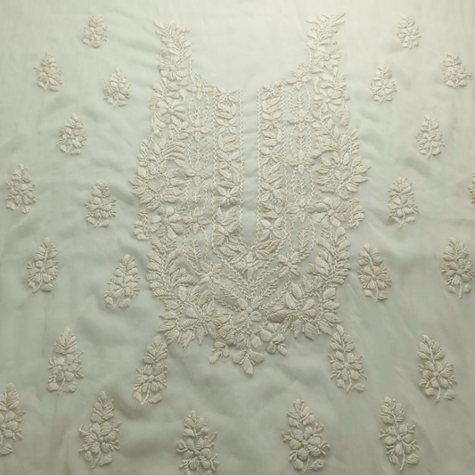 albaas | Lucknavi Chikankari on Soft Chiffon Shirt's Front and Sleeves with Dupatta Sprayed with Motifs - Unstitched 2PC Suit   | AKCLCSD-36701-BEIGE