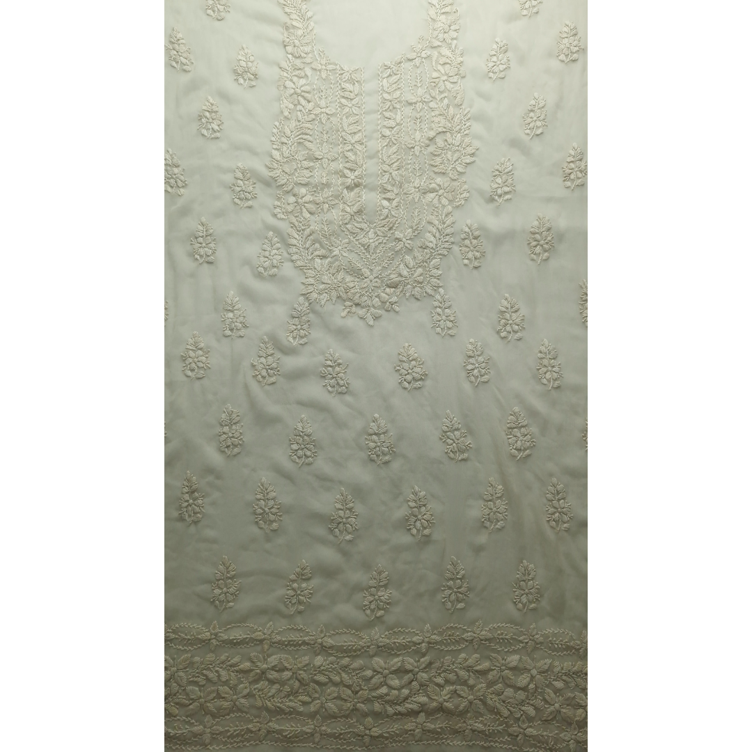 albaas | Lucknavi Chikankari on Soft Chiffon Shirt's Front and Sleeves with Dupatta Sprayed with Motifs - Unstitched 2PC Suit   | AKCLCSD-36701-BEIGE
