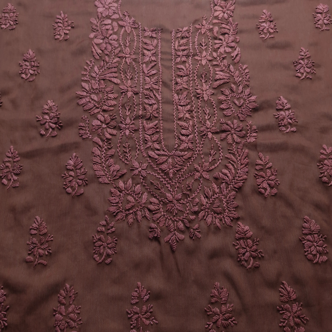 albaas | Lucknavi Chikankari on Soft Chiffon Shirt's Front and Sleeves with Dupatta Sprayed with Motifs - Unstitched 2PC Suit   | AKCLCSD-36701-CHOCOLATE