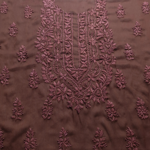 albaas | Lucknavi Chikankari on Soft Chiffon Shirt's Front and Sleeves with Dupatta Sprayed with Motifs - Unstitched 2PC Suit   | AKCLCSD-36701-CHOCOLATE