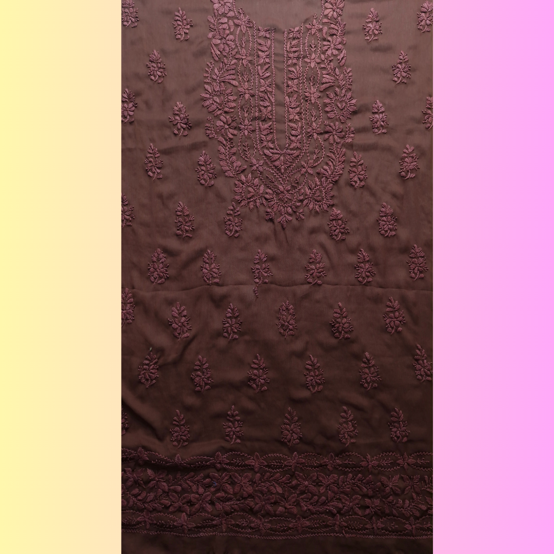 albaas | Lucknavi Chikankari on Soft Chiffon Shirt's Front and Sleeves with Dupatta Sprayed with Motifs - Unstitched 2PC Suit   | AKCLCSD-36701-CHOCOLATE