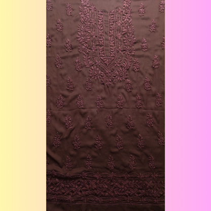 albaas | Lucknavi Chikankari on Soft Chiffon Shirt's Front and Sleeves with Dupatta Sprayed with Motifs - Unstitched 2PC Suit   | AKCLCSD-36701-CHOCOLATE