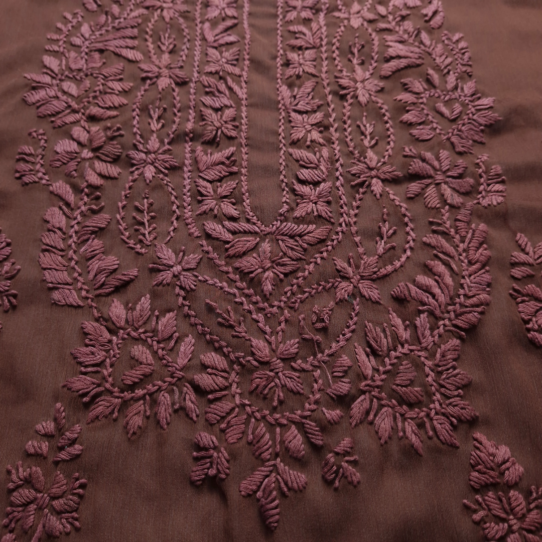 albaas | Lucknavi Chikankari on Soft Chiffon Shirt's Front and Sleeves with Dupatta Sprayed with Motifs - Unstitched 2PC Suit   | AKCLCSD-36701-CHOCOLATE