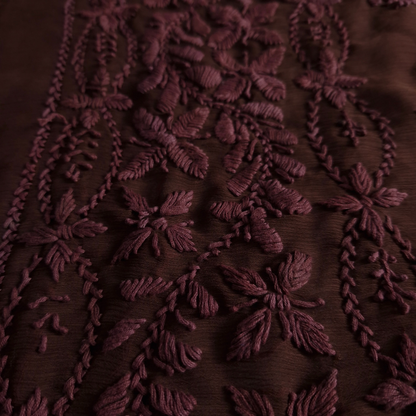 albaas | Lucknavi Chikankari on Soft Chiffon Shirt's Front and Sleeves with Dupatta Sprayed with Motifs - Unstitched 2PC Suit   | AKCLCSD-36701-CHOCOLATE