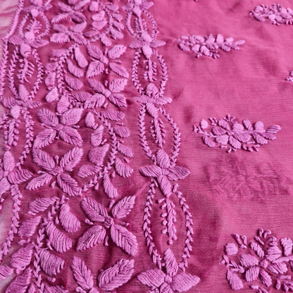 albaas | Lucknavi Chikankari on Soft Chiffon Shirt's Front and Sleeves with Dupatta Sprayed with Motifs - Unstitched 2PC Suit   | AKCLCSD-36701-RED