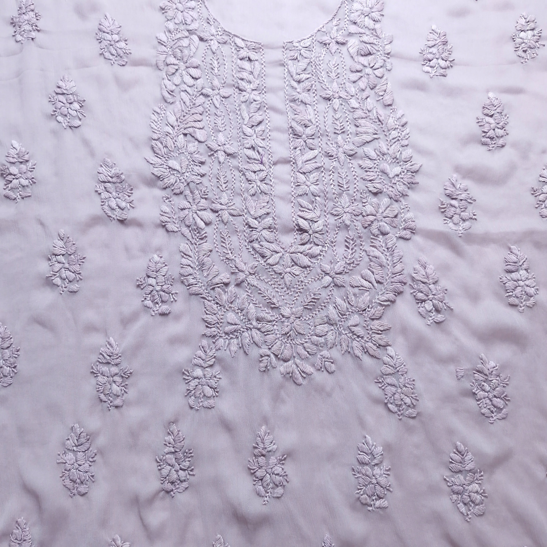 albaas | Lucknavi Chikankari on Soft Chiffon Shirt's Front and Sleeves with Dupatta Sprayed with Motifs - Unstitched 2PC Suit   | AKCLCSD-36701-THISTLE