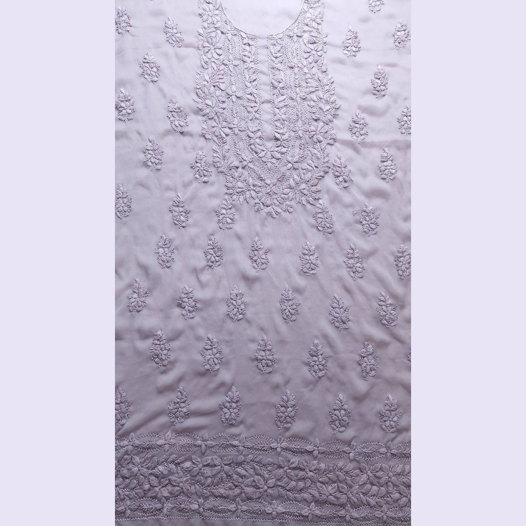 albaas | Lucknavi Chikankari on Soft Chiffon Shirt's Front and Sleeves with Dupatta Sprayed with Motifs - Unstitched 2PC Suit   | AKCLCSD-36701-THISTLE
